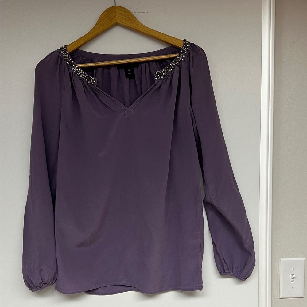 Embellished Silk V-Neck Long Sleeve Women's Top - Plum